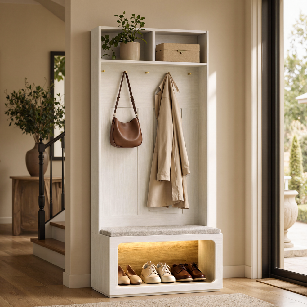 The hall tree includes two upper cubbies, five hooks, a padded bench, and a lower shoe compartment