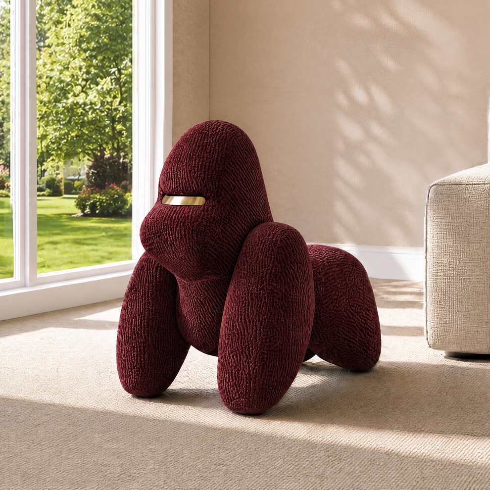 Gorilla-Shaped Accent Ottoman - Burgundy Shimmer Chenille Footrest, 24.8" Wide