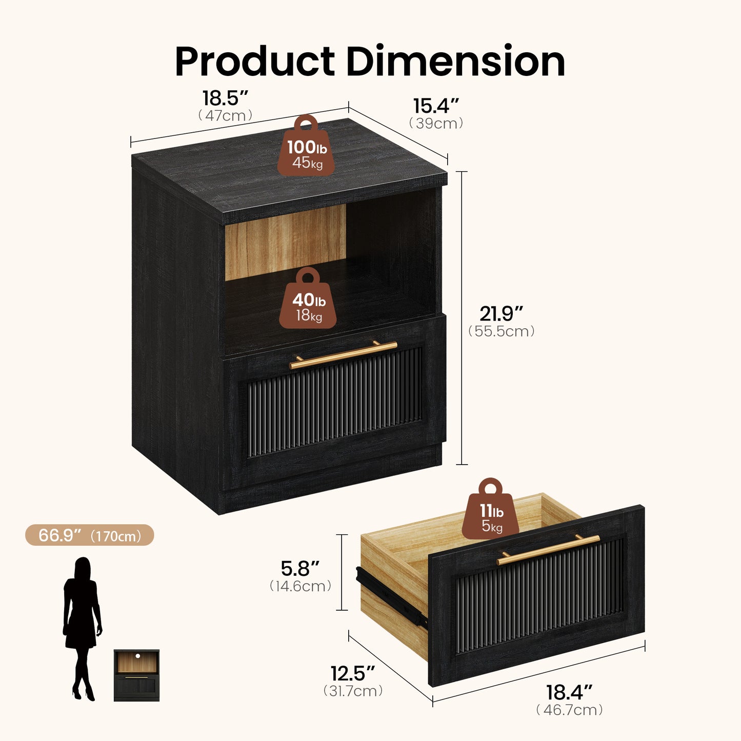 Harmo Block Black Wave-Panel Nightstand