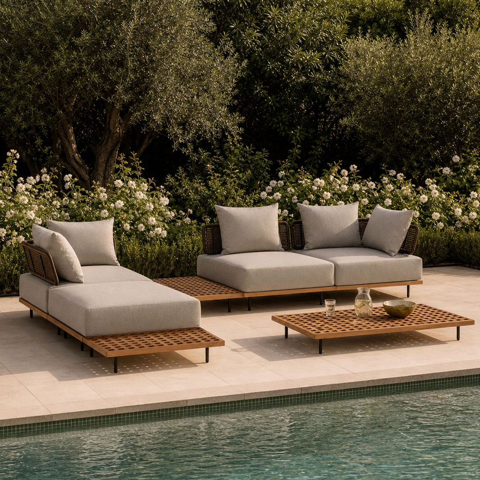 150.6" Outdoor Teak Lattice 3 Seater Modular Sectional Sofa Set