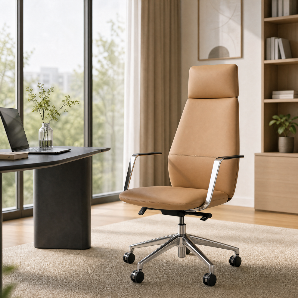 Tan high-back office chair with a padded headrest, silver-colored arm supports and wheeled base beside a dark desk in a bright room with large windows and shelving.