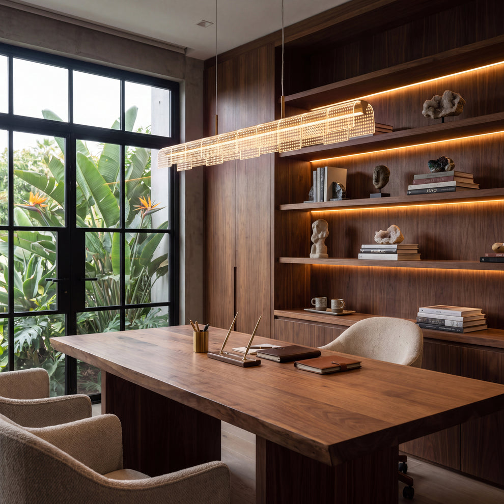 An office with a broad brown desk, cream chairs, an elongated glowing pendant light, illuminated shelves holding books and ornaments, and black-framed windows overlooking lush plants.