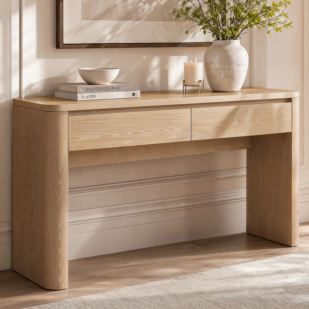 59" Console Table with 2 Drawers, Narrow Entryway Table with Rounded Corners for Living Room