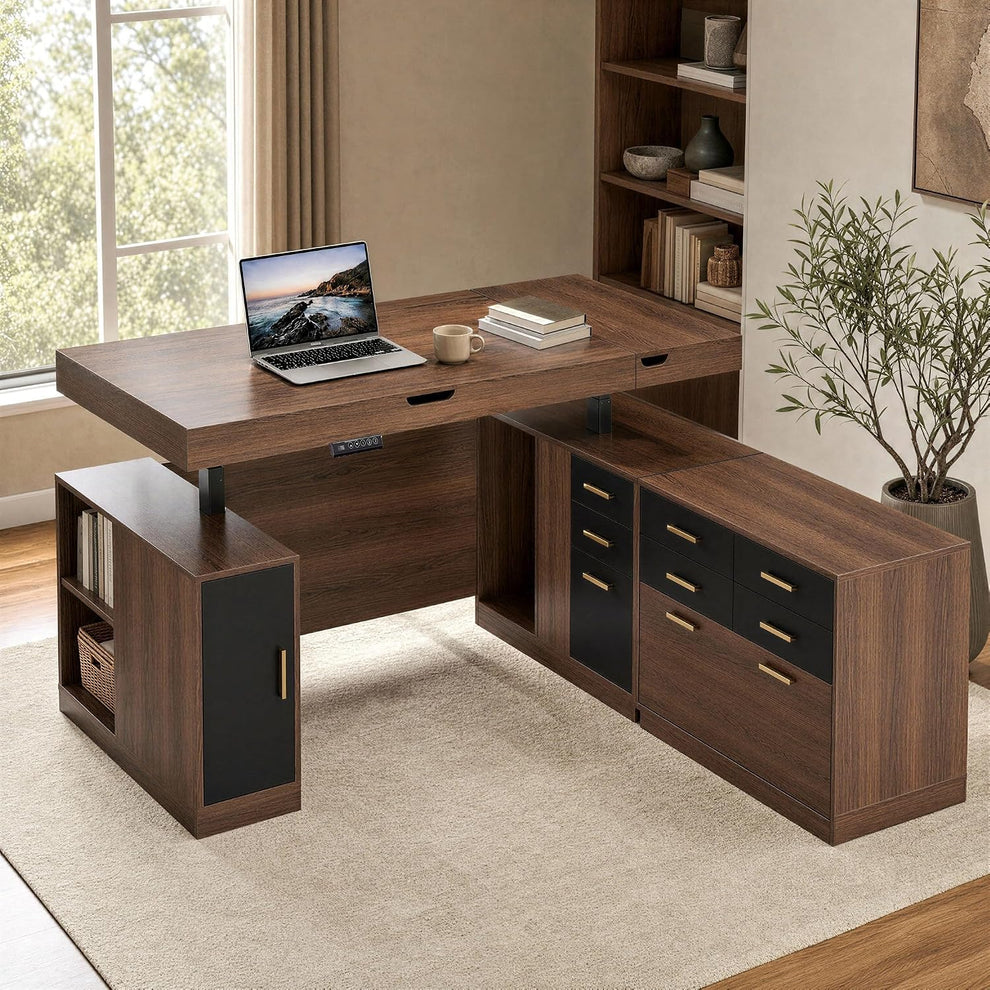 A dark wood L-shaped desk with black drawer fronts and gold handles sits in a home office, with a laptop, books, and a mug on its raised desktop.