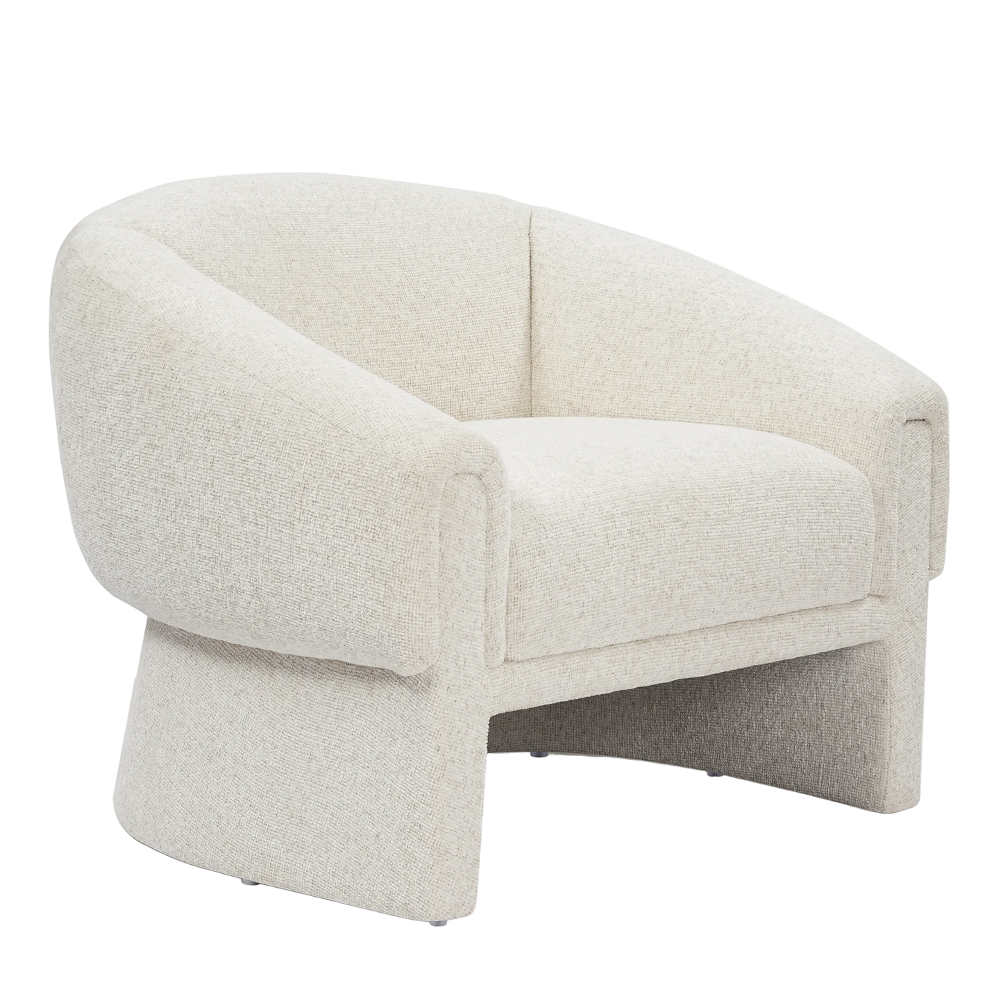 Cream barrel chair has curved arms and a skirt-like upholstered base