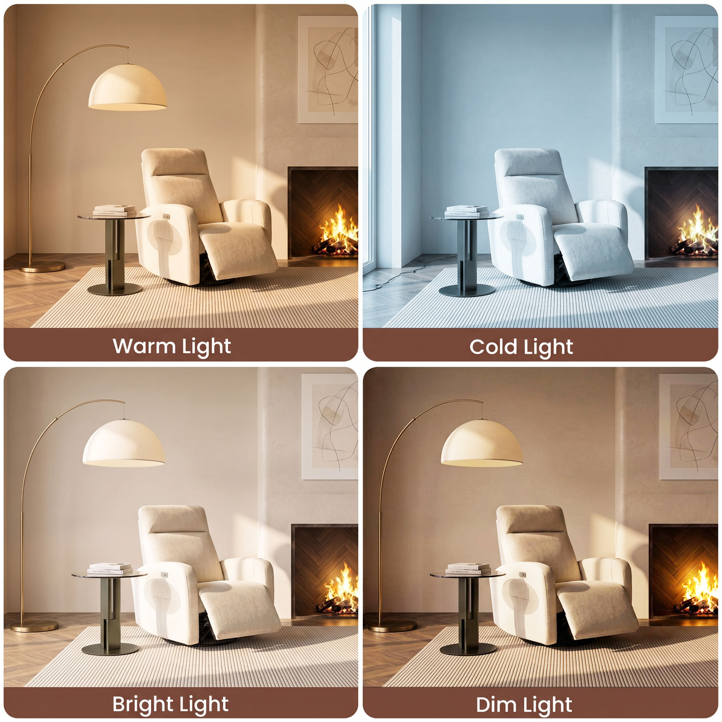Arched floor lamp appears beside a white recliner in four lighting panels