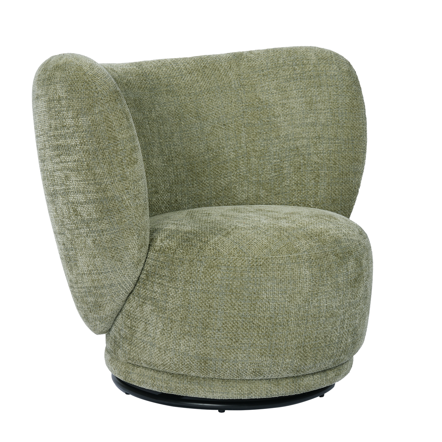 Angled view shows a green chair with one prominent curved side panel and a dark round base
