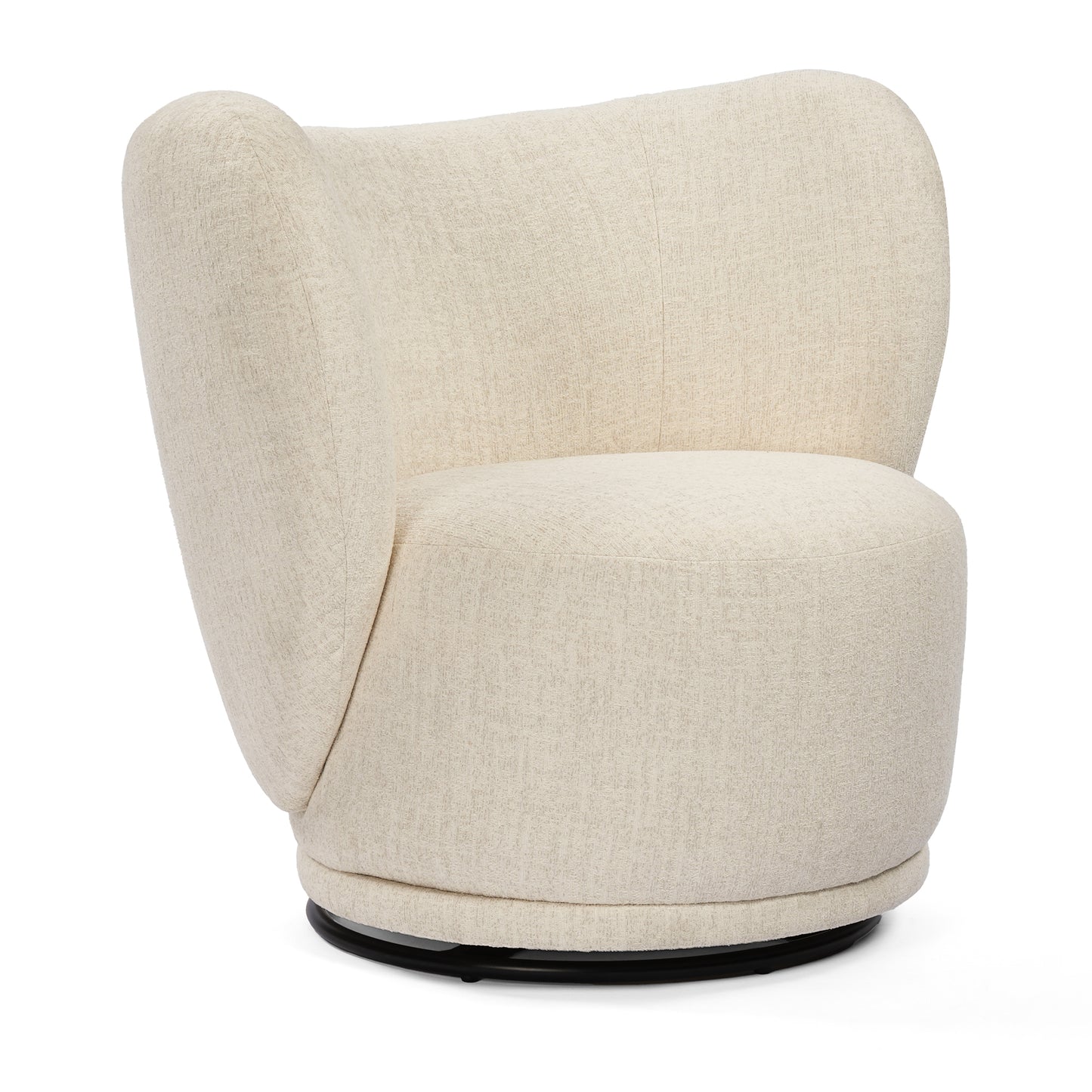 Isolated cream chair shows curved side panels, a rounded padded seat, and a dark circular base
