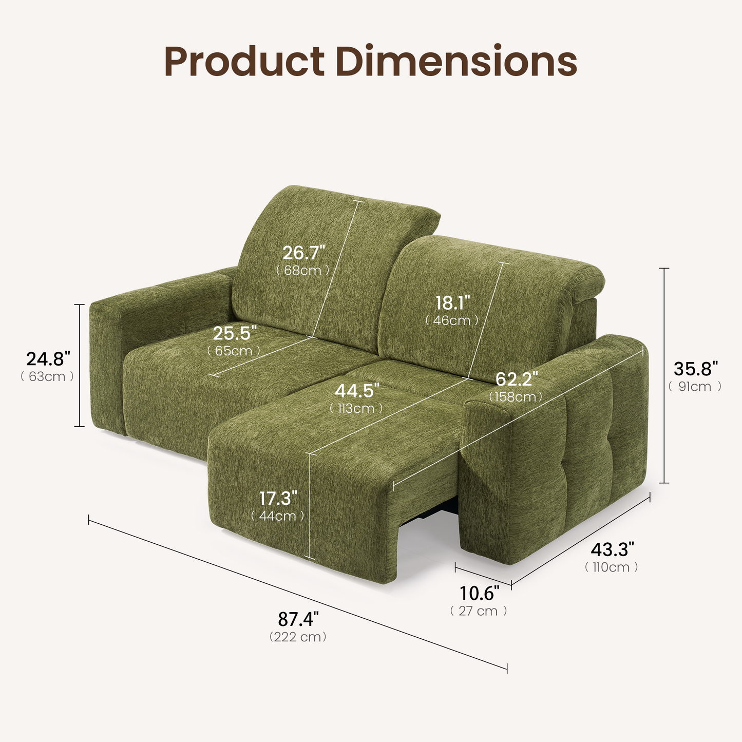 84" Power Reclining Loveseat with Independent Headrest & Footrest – 2-Seat Modular Sectional Sofa