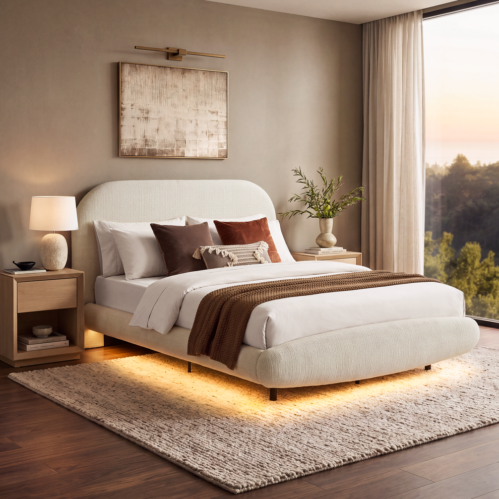 Queen Upholstered Bed Frame - Beige Floating Design with LED Lights & Curved Padded Headboard