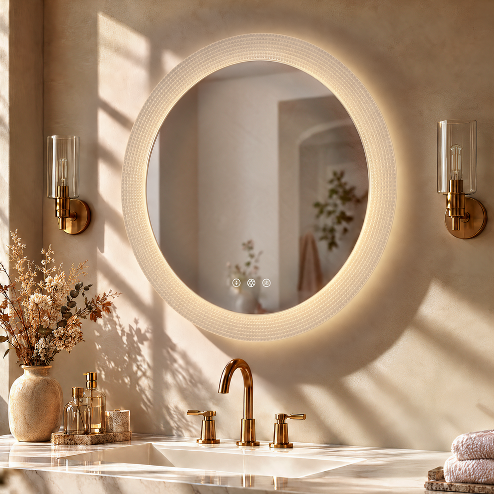 A round illuminated mirror hangs above a sink with brass faucet and matching wall sconces; a vase of dried flowers, toiletries, and folded towels sit on the vanity.