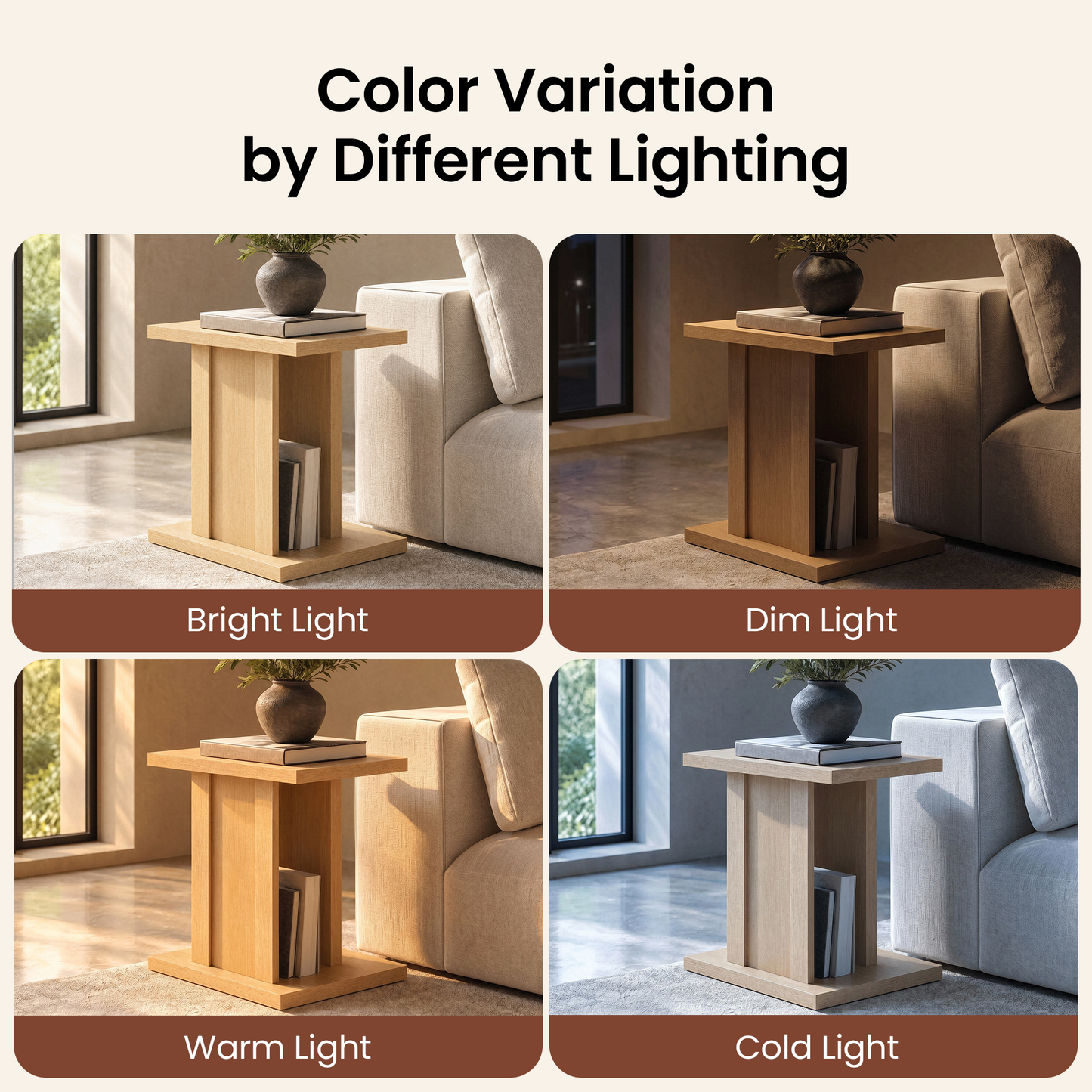 Side Table, 23.6" Modern End Table with Fluted Panel and Thick Tabletop, Accent Nightstand in Natural