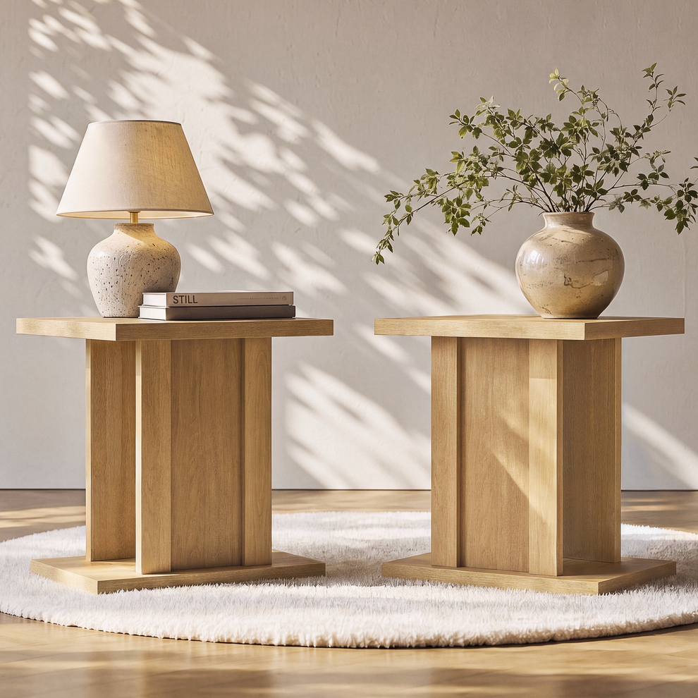Two light wood pedestal side tables styled with a lamp, books, and leafy vase.