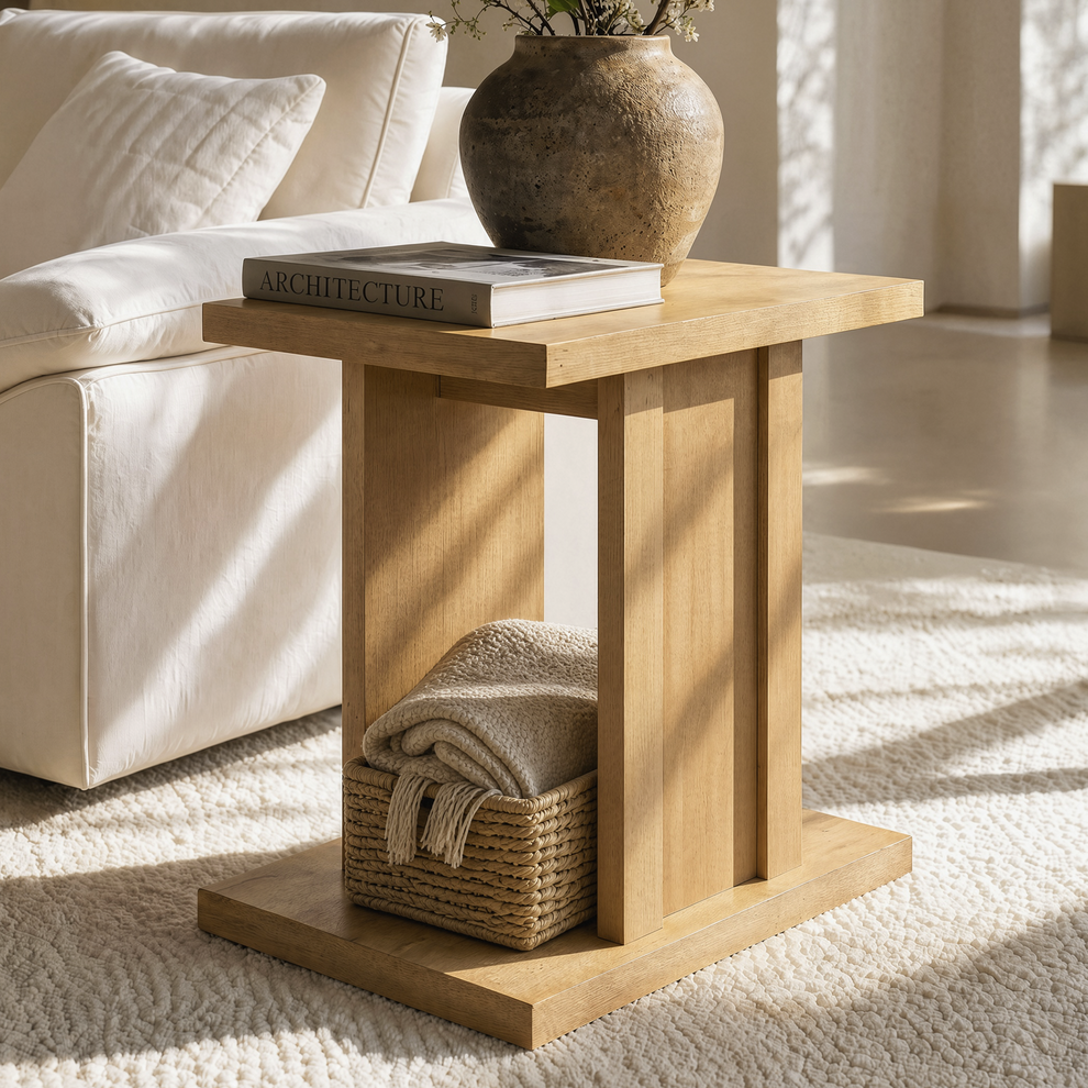 Side Table, 23.6" Modern End Table with Fluted Panel and Thick Tabletop, Accent Nightstand in Natural