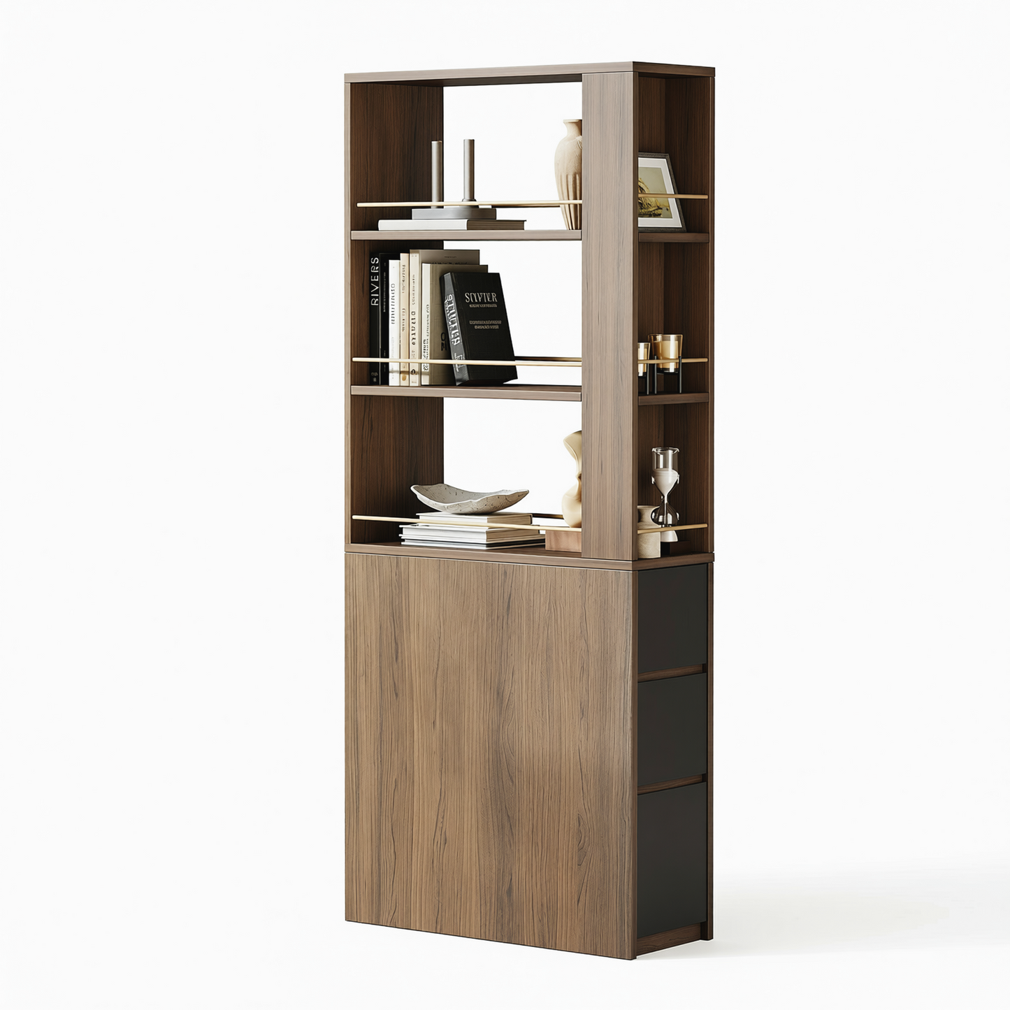 Tall two-tone unit combines open shelves, a lower door, and side drawers