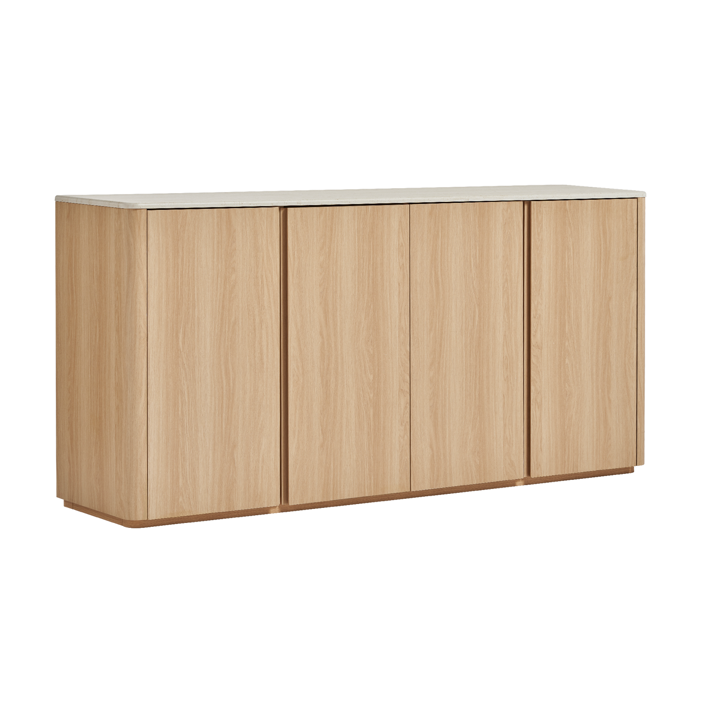 A long low cabinet has six flat wood-grain doors, rounded end panels, and a contrasting slab top