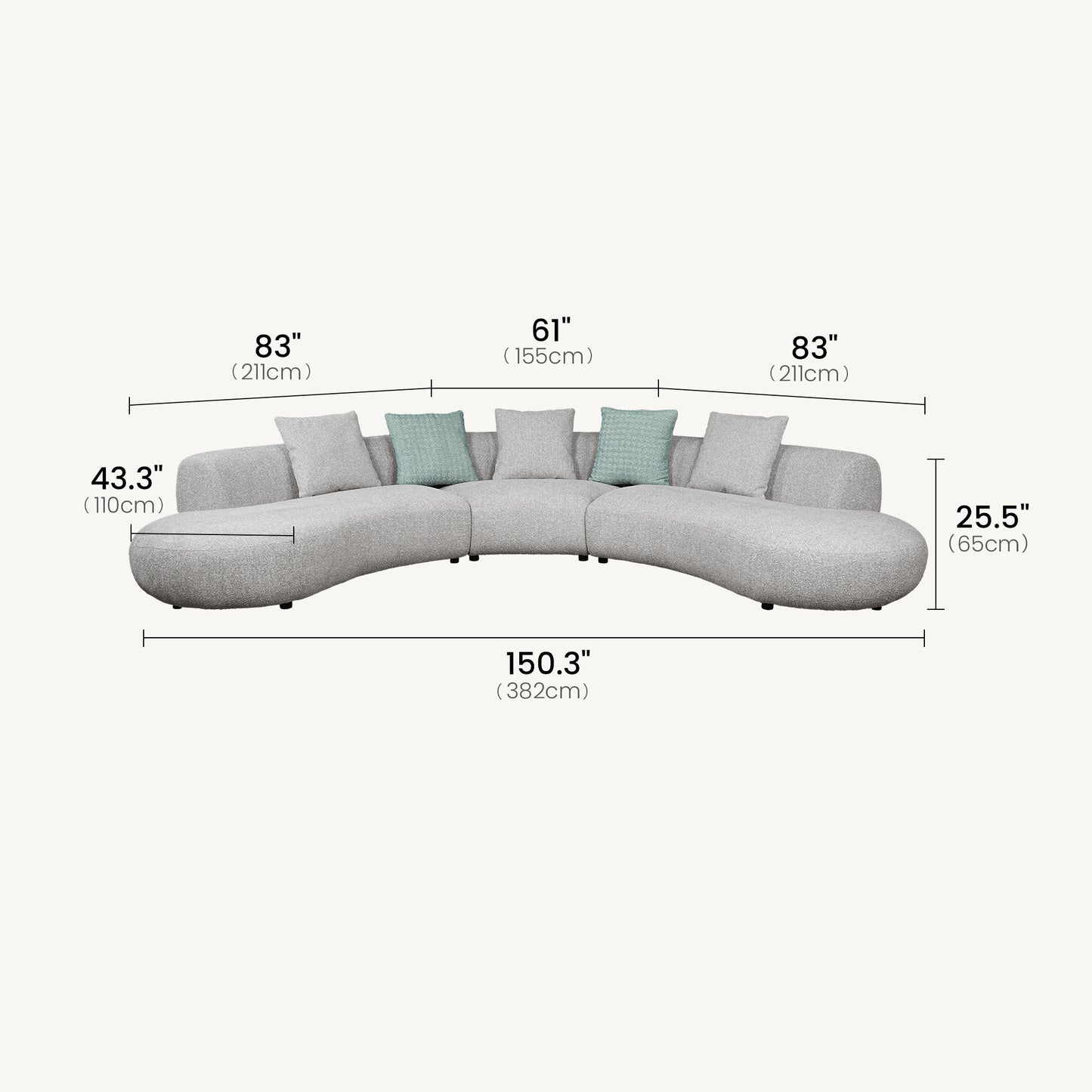 155" Modern Curved Boucle Sectional Sofa, Large Modular Couch-Grey