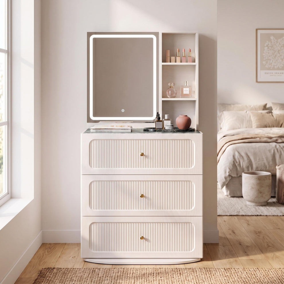 3-Drawer Vanity Dresser, 31.5" Modular Fluted with 3-Color LED Mirror & Side Shelves, FlexMod Collection