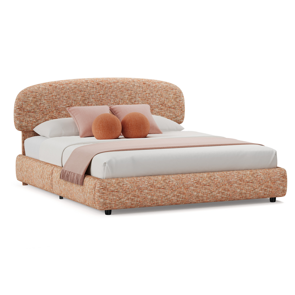 Rust-toned upholstered bed with a broad curved headboard and rounded footboard on a white background