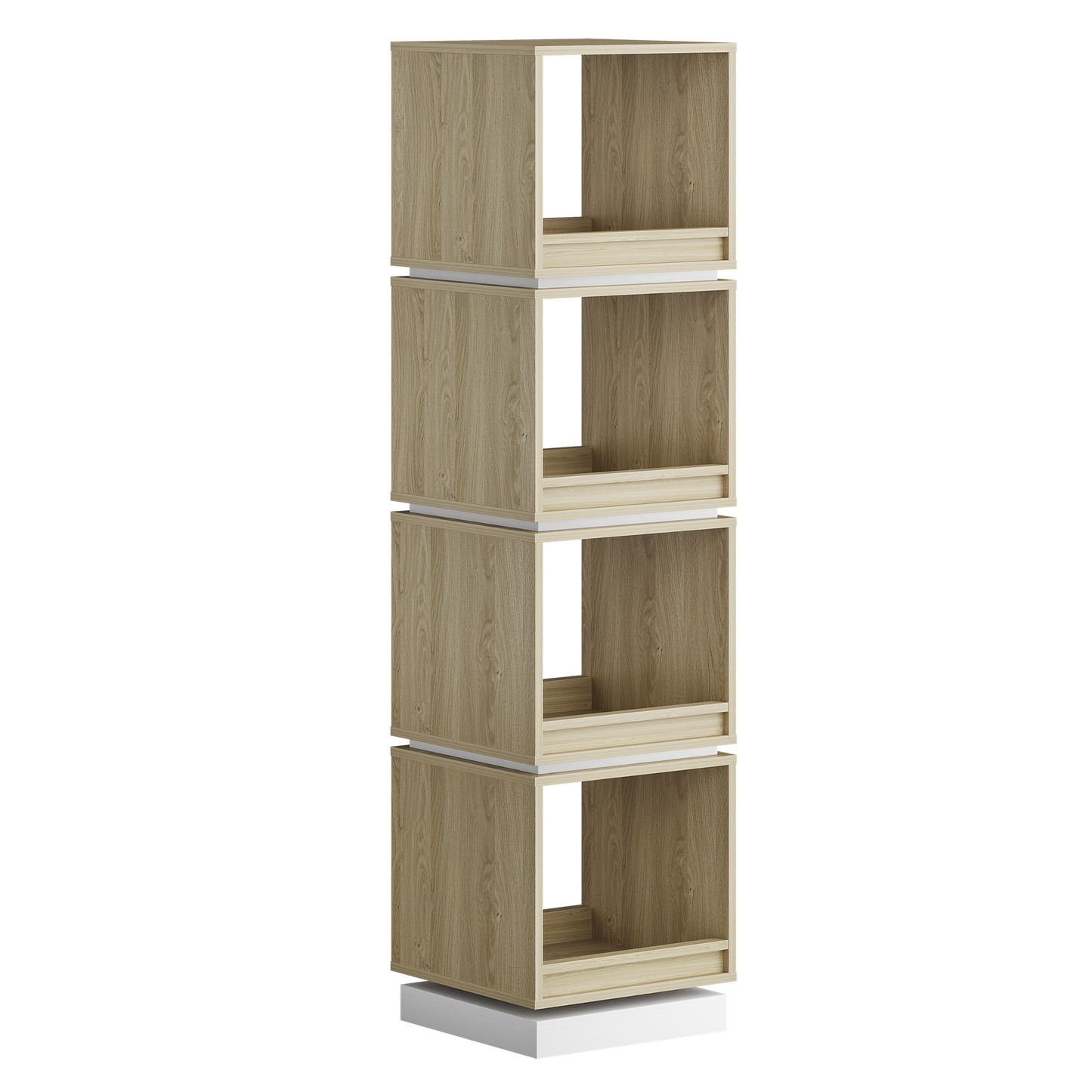 Four open-front wood-grain compartments are stacked with white spacer bands
