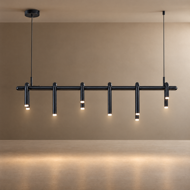 Black pendant light suspended by two cables, with a long horizontal bar and curved tubular arms ending in glowing tips at staggered heights.