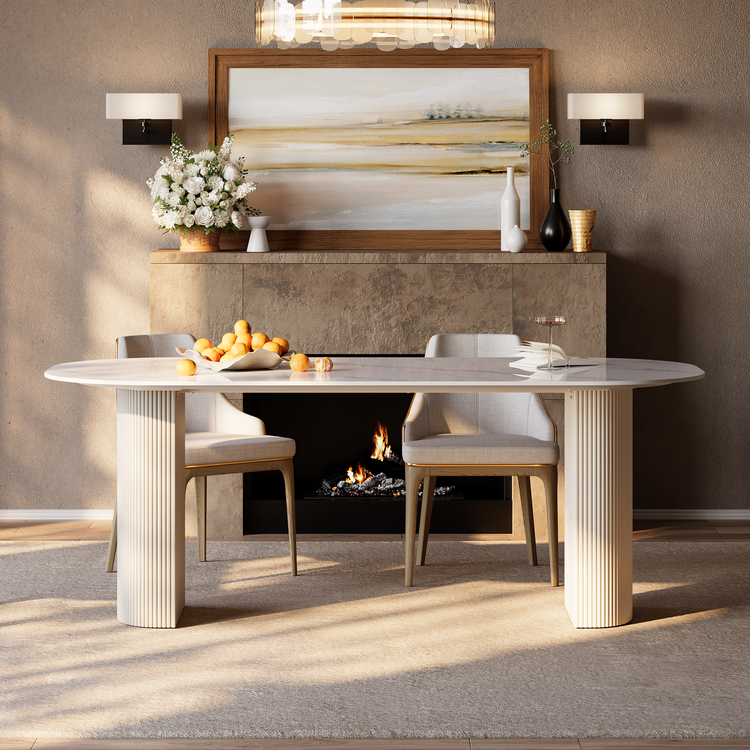 [Pre-Sale] 71" Luxury Snow Mountain Sintered Stone Dining Table, Fluted Pedestal Table for 6-8