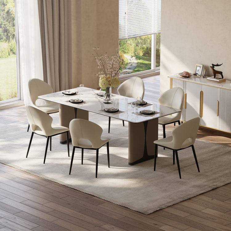 2 Pack Modern Cream PU Leather Dining Chairs with Crescent Cutout Backrest