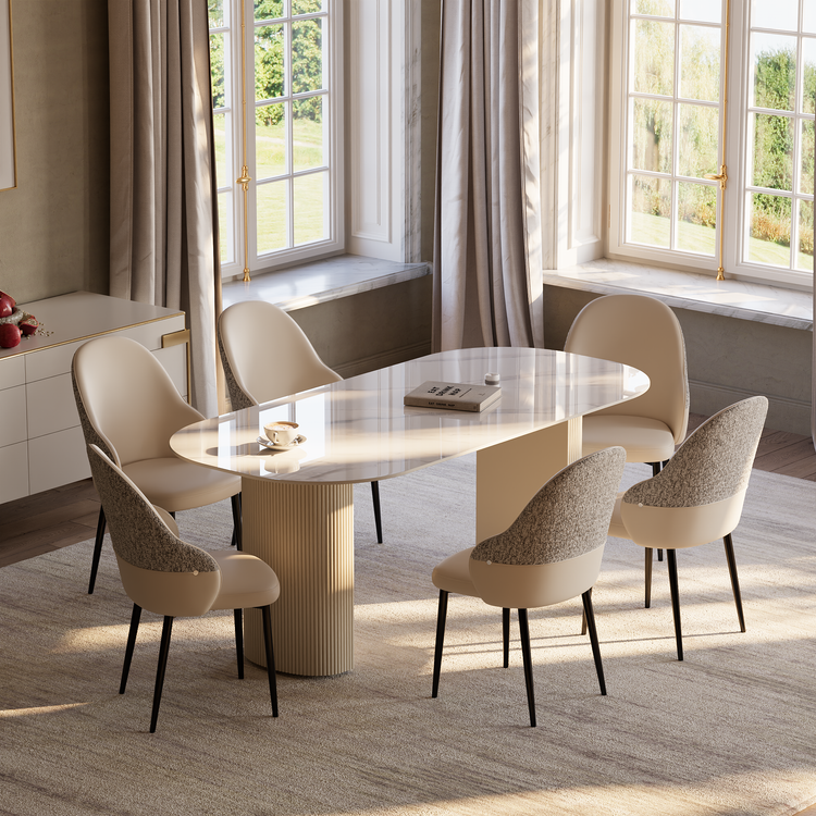 2 Pack Minimalist Cream PU Leather & Chenille Mixed Dining Chairs with Tall Back & Pencil Legs