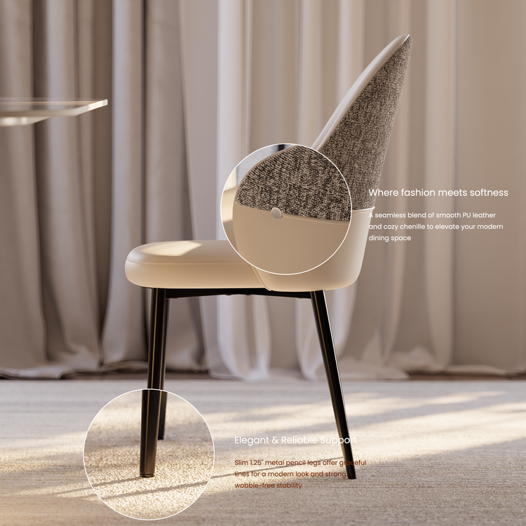 2 Pack Minimalist Cream PU Leather & Chenille Mixed Dining Chairs with Tall Back & Pencil Legs