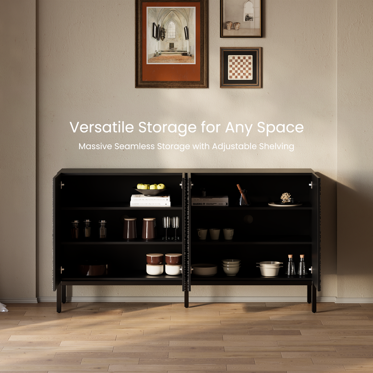 Aparador de teca negra de 70", mueble buffet de 4 puertas con tallado geométrico Tabwa