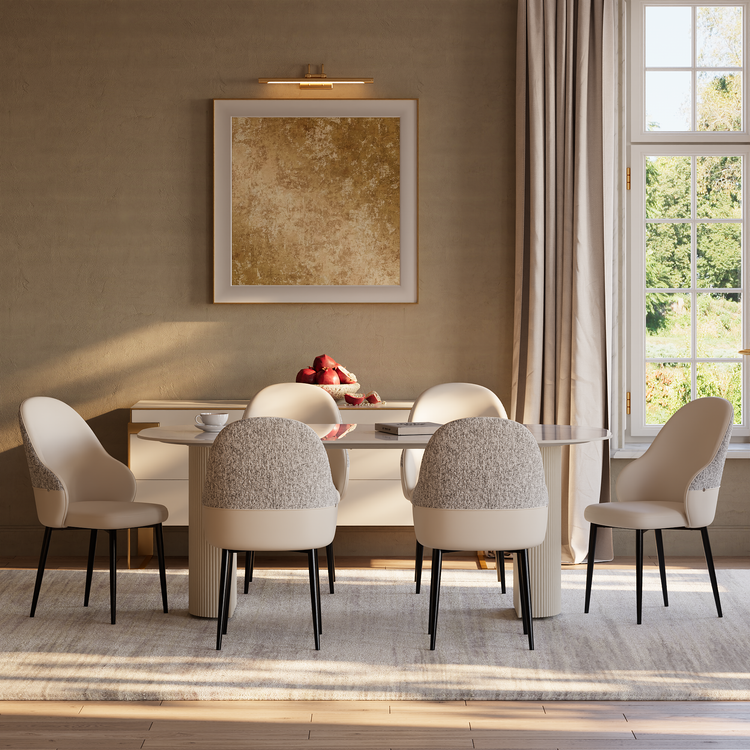 2 Pack Minimalist Cream PU Leather & Chenille Mixed Dining Chairs with Tall Back & Pencil Legs