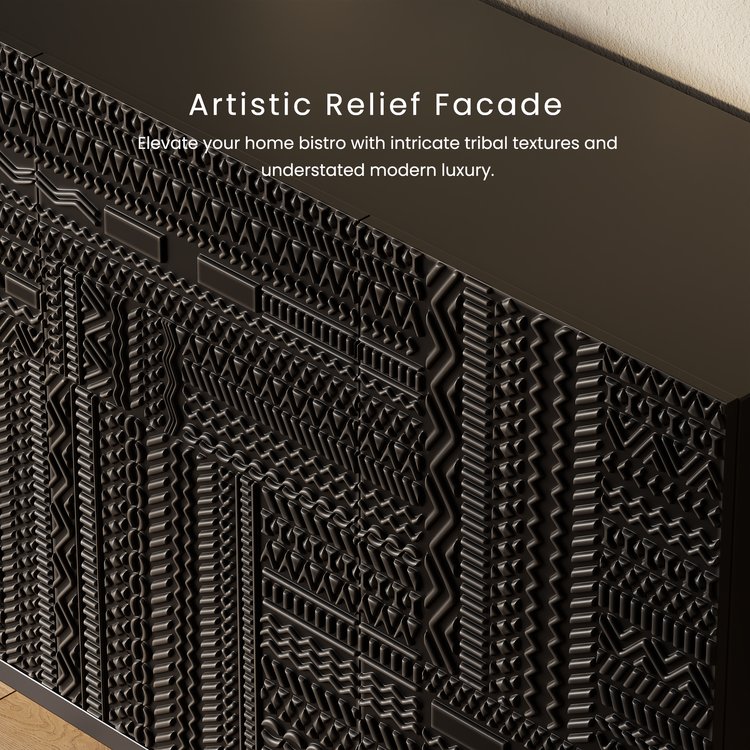 Aparador de teca negra de 70", mueble buffet de 4 puertas con tallado geométrico Tabwa