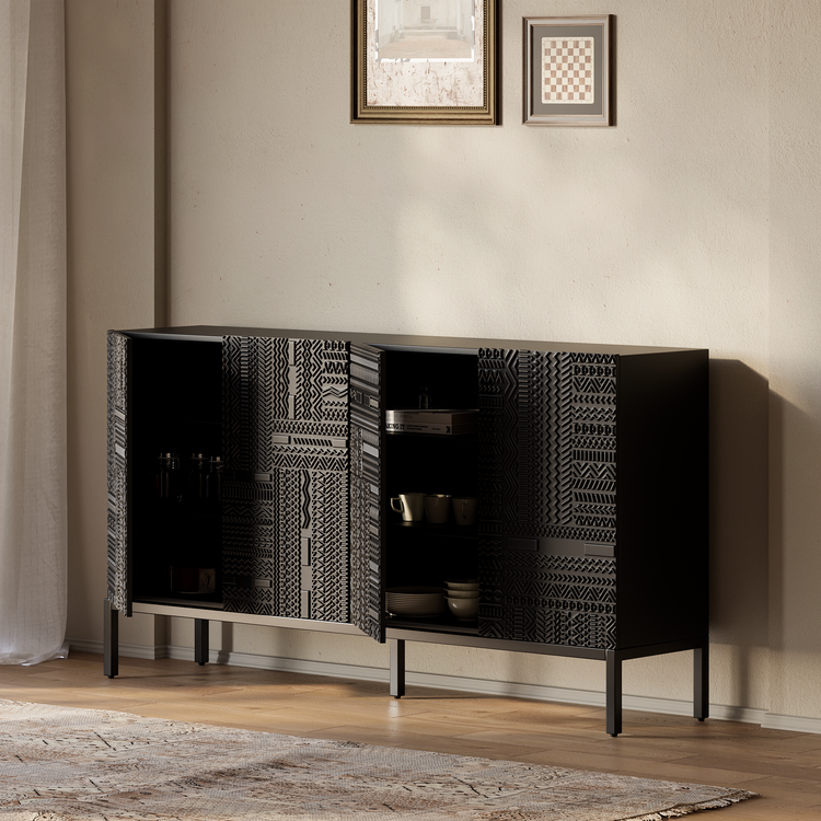 Aparador de teca negra de 70", mueble buffet de 4 puertas con tallado geométrico Tabwa