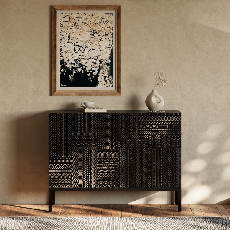 47.24" Black Teak Sideboard, Tabwa Geometric Carved 3-Door Buffet Cabinet