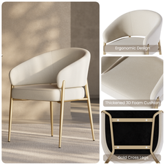 Cream upholstered chair with a curved back, padded seat, and gold-tone cross legs.