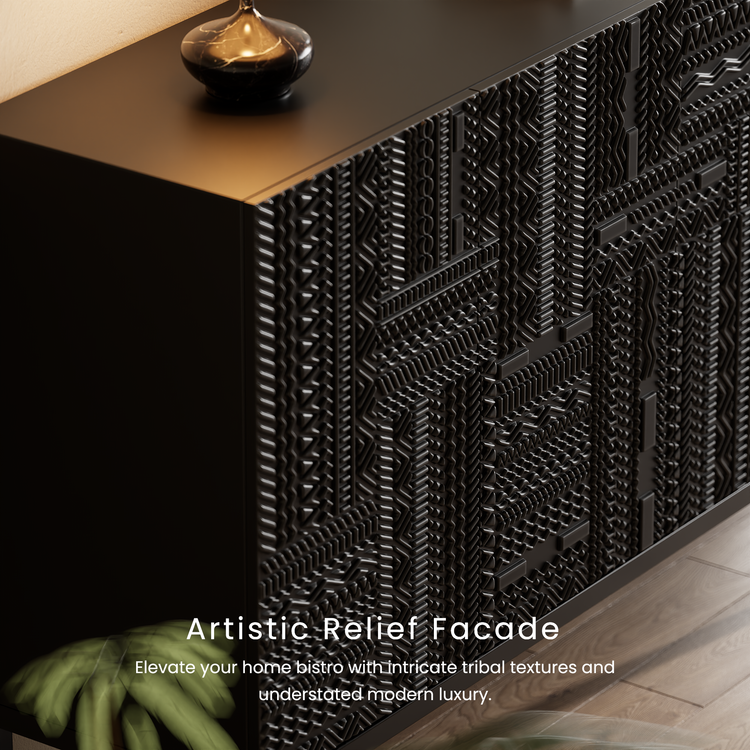 47.24" Black Teak Sideboard, Tabwa Geometric Carved 3-Door Buffet Cabinet