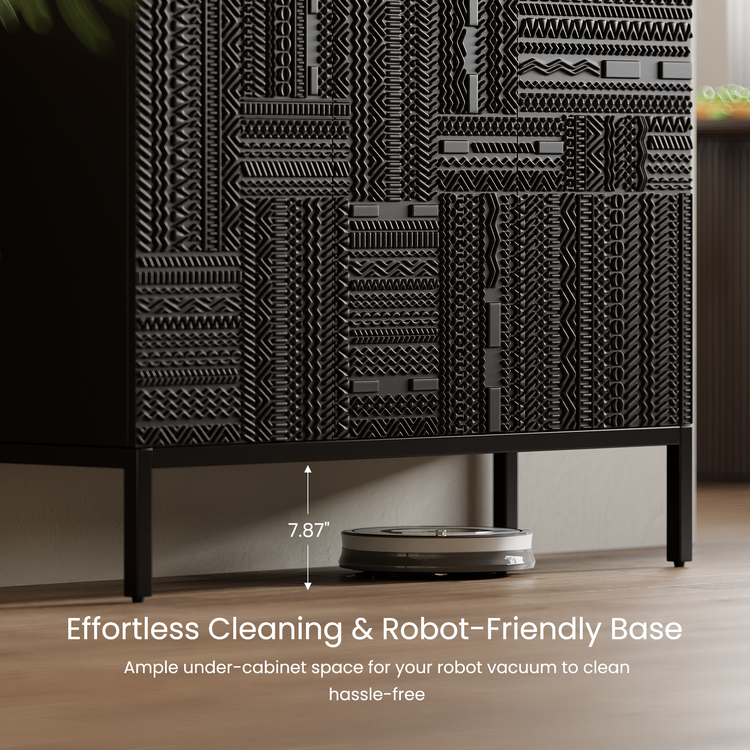 47.24" Black Teak Sideboard, Tabwa Geometric Carved 3-Door Buffet Cabinet