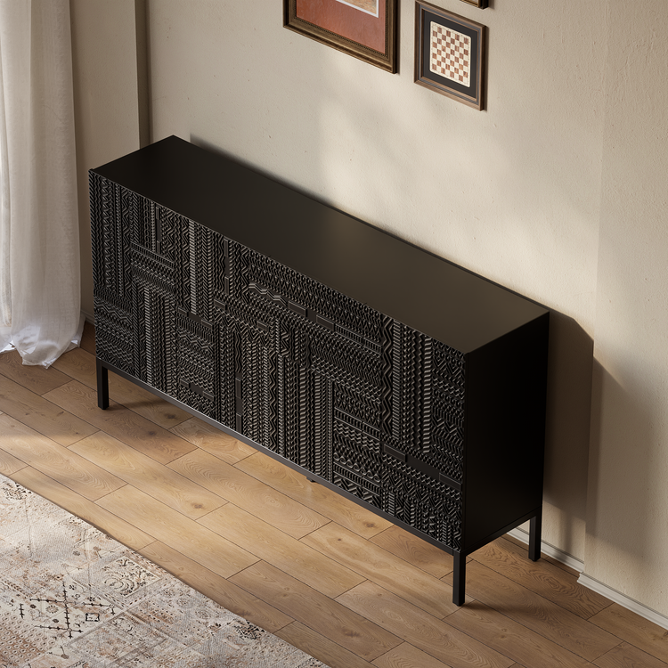 Aparador de teca negra de 70", mueble buffet de 4 puertas con tallado geométrico Tabwa