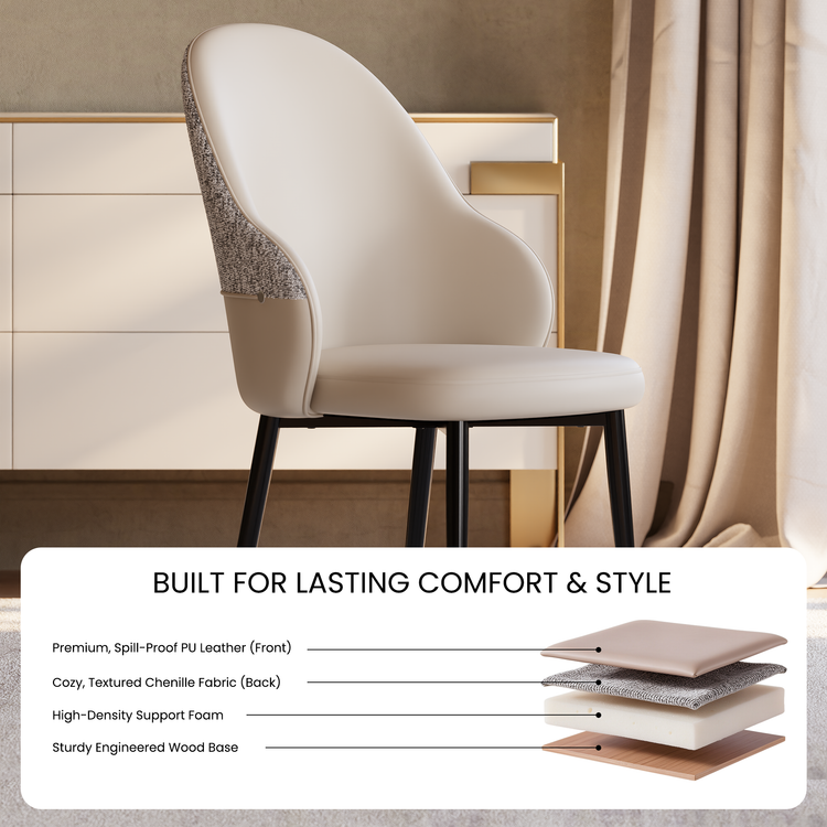 2 Pack Minimalist Cream PU Leather & Chenille Mixed Dining Chairs with Tall Back & Pencil Legs