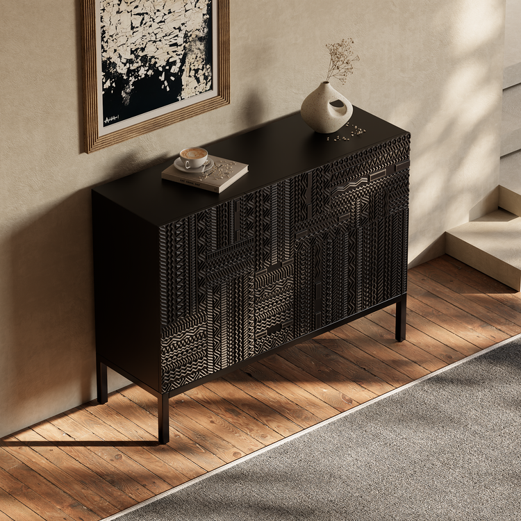 47.24" Black Teak Sideboard, Tabwa Geometric Carved 3-Door Buffet Cabinet