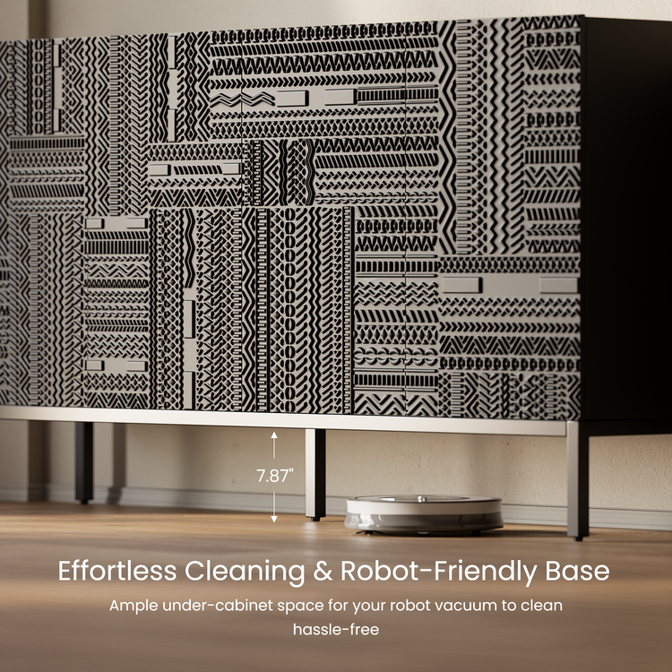 Aparador de teca negra de 70", mueble buffet de 4 puertas con tallado geométrico Tabwa