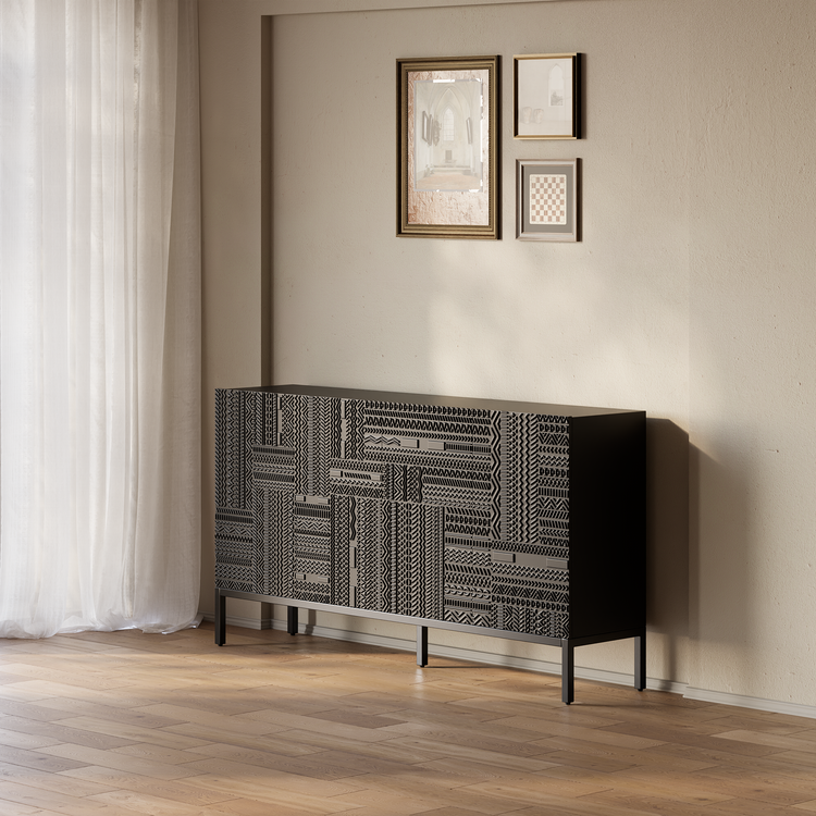 Aparador de teca negra de 70", mueble buffet de 4 puertas con tallado geométrico Tabwa