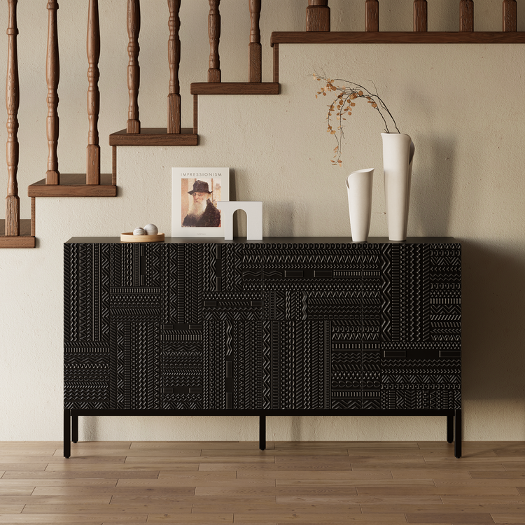 Aparador de teca negra de 70", mueble buffet de 4 puertas con tallado geométrico Tabwa