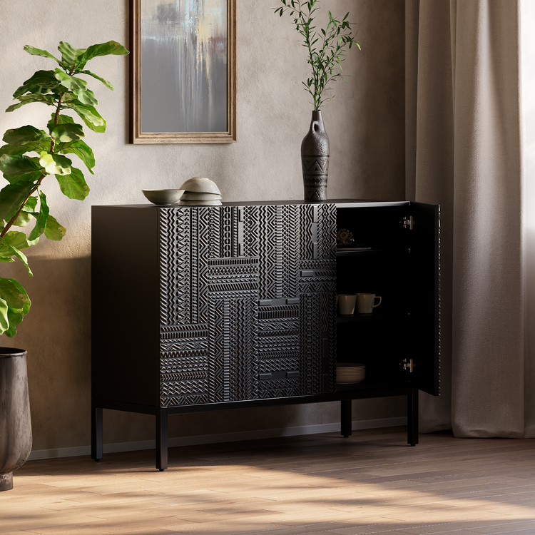 47.24" Black Teak Sideboard, Tabwa Geometric Carved 3-Door Buffet Cabinet