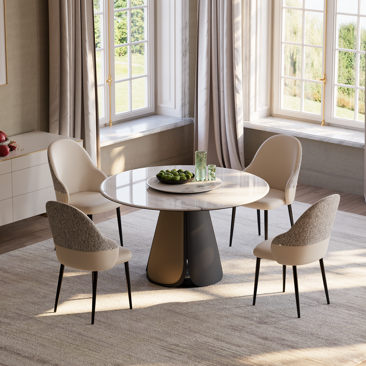 2 Pack Minimalist Cream PU Leather & Chenille Mixed Dining Chairs with Tall Back & Pencil Legs