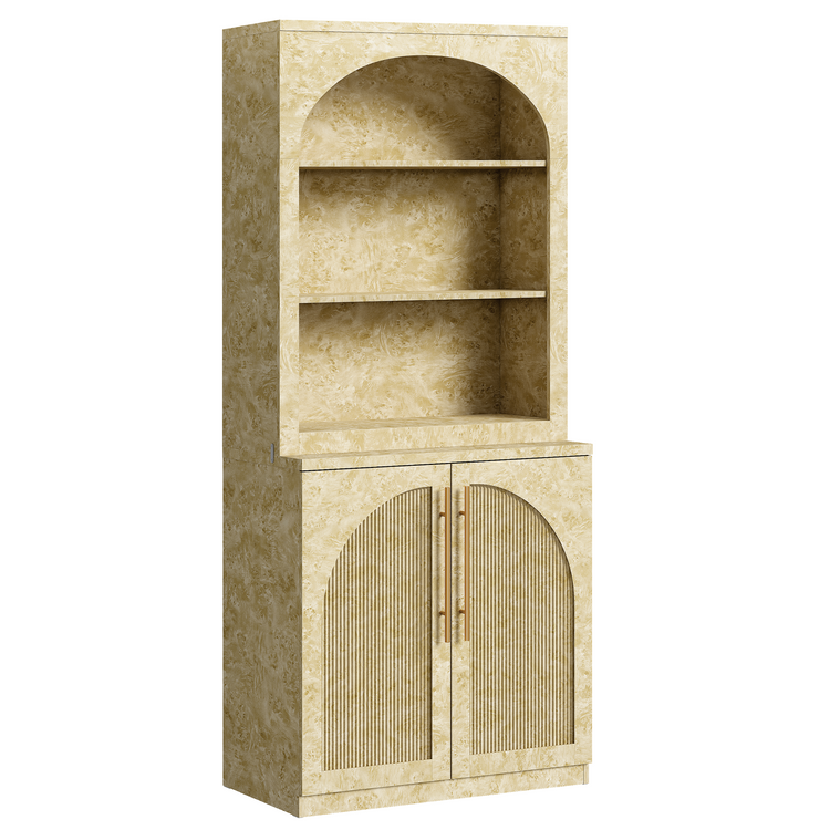 [Pre-Sale] Harmo Block 70" Arched Bookcase with Doors,  Hall Tree & Entryway Cabinet, Burl
