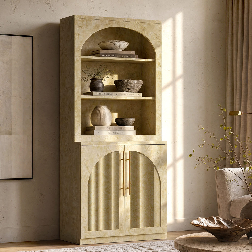 [Pre-Sale] Harmo Block 70" Arched Bookcase with Doors,  Hall Tree & Entryway Cabinet, Burl