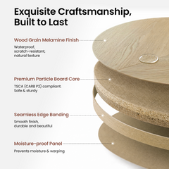 An exploded panel illustration shows several stacked layers next to a finished tabletop edge