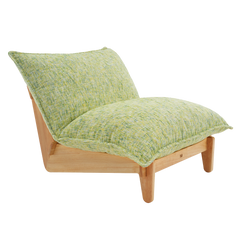 Armless lounge chair with a light brown frame, short tapered legs, and thick seat and back cushions in a pale green and yellow textured pattern.