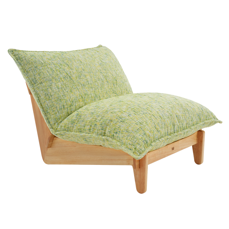 Armless lounge chair with a light brown frame, short tapered legs, and thick seat and back cushions in a pale green and yellow textured pattern.